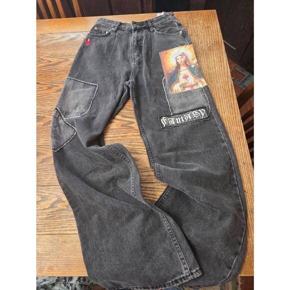 Ksubi black fantasy virgin Mary patch jeans sz 26 - Picture 2 of 5